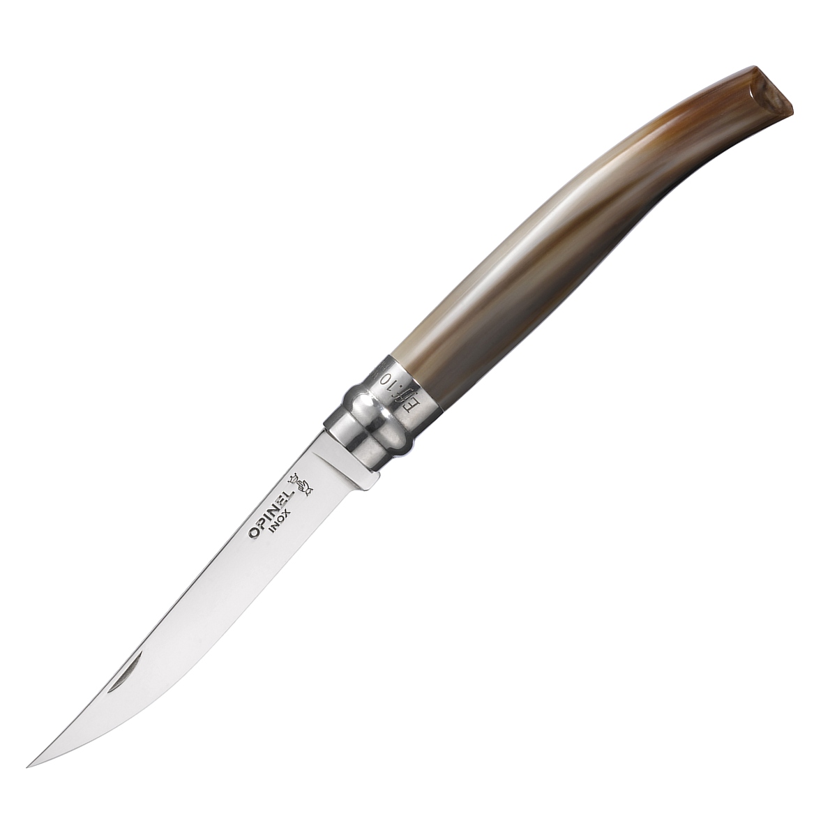 картинка Нож филейный Opinel №10, нержавеющая сталь, рукоять светлый рог буйвола, деревянный футляр, 000711