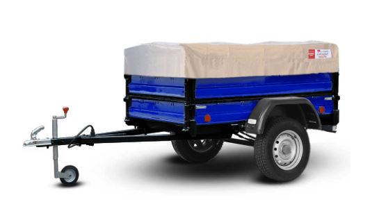 картинка Прицеп "Крепыш СВ" 821303, синий, надставные борта, удлинитель дышла, опорное колесо, колеса 15", тент 0,6 серый