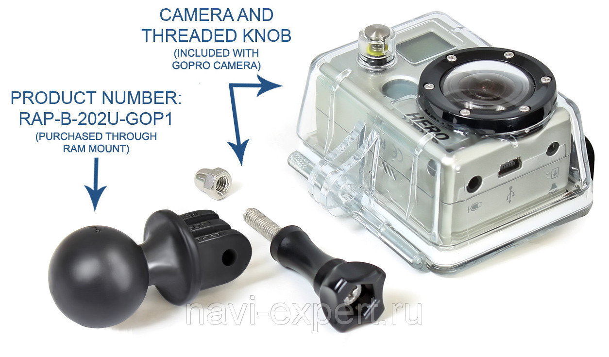 картинка крепление RAM® камер GoPro на трубу или плоскую поверхность, струбцина, муфта 95 мм 