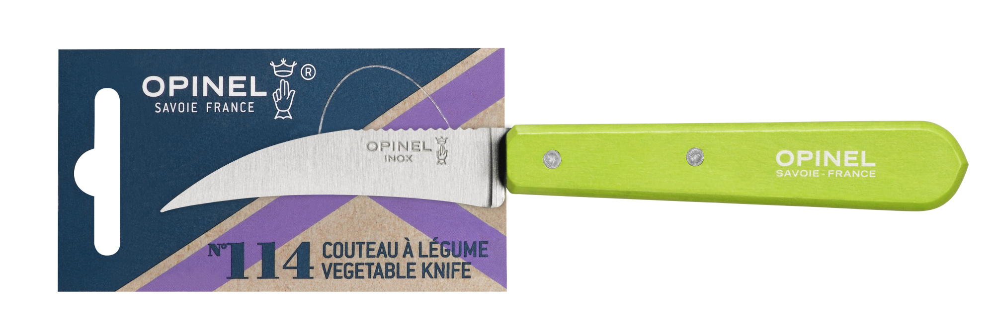 картинка Нож для чистки овощей Opinel №114, деревянная рукоять, нержавеющая сталь, зеленый, блистер, 001925