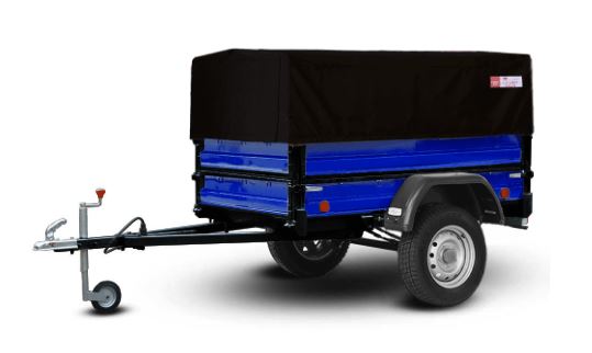 картинка Прицеп "Крепыш СВ" 821303, синий, надставные борта, удлинитель дышла, опорное колесо, колеса 16", тент 1,1 черный