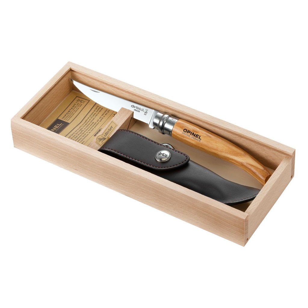картинка Нож филейный Opinel №10,  нержавеющая сталь, рукоять оливковое дерев, чехол, деревянный футляр, 001090