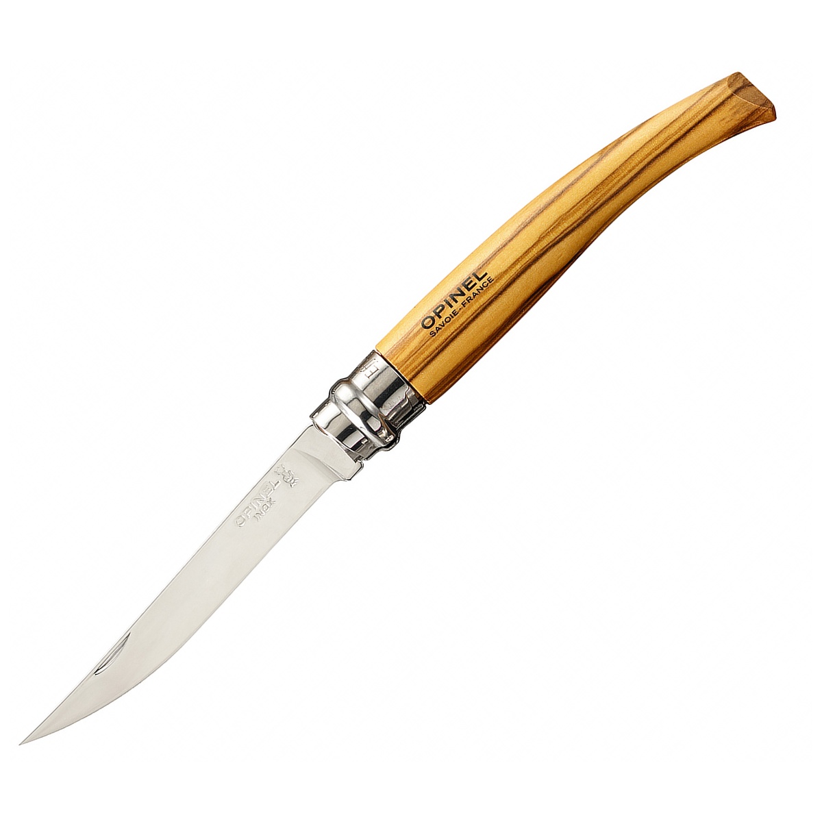 картинка Нож филейный Opinel №10,  нержавеющая сталь, рукоять оливковое дерев, чехол, деревянный футляр, 001090