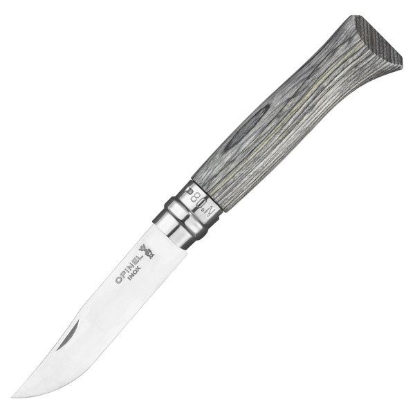 картинка Нож Opinel №08, нержавеющая сталь, ручка из березы, серая  ручка, 002389