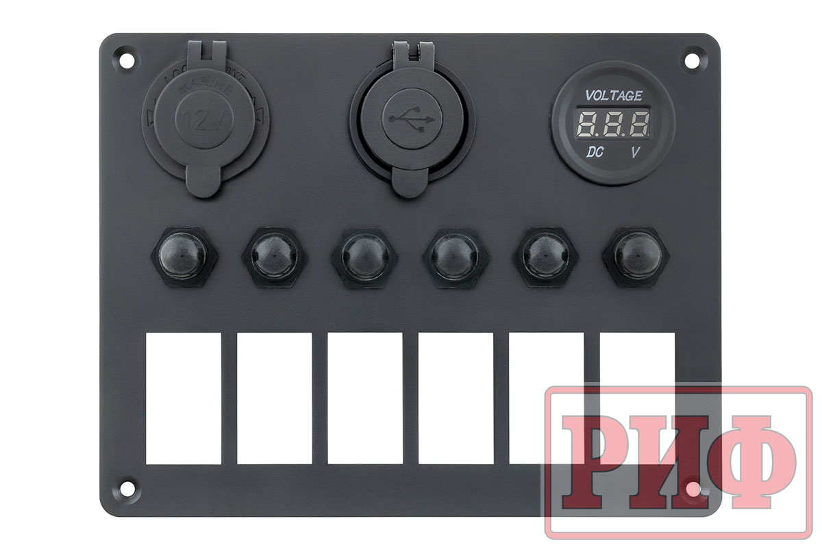 картинка Панель монтажная для 6 переключателей с индикацией, с вольтметром, с розеткой USB 4,2А 12В