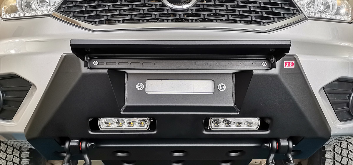 картинка Бампер передний силовой/защита штатного бампера РИФ для УАЗ Патриот 2015+ с защитой рулевых тяг (центральная часть)