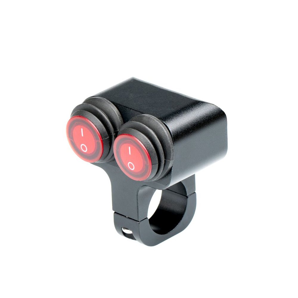 картинка Выключатель влагозащищенный 2220, двухкнопочный, красные кнопки, корпус черный, под трубу D22мм