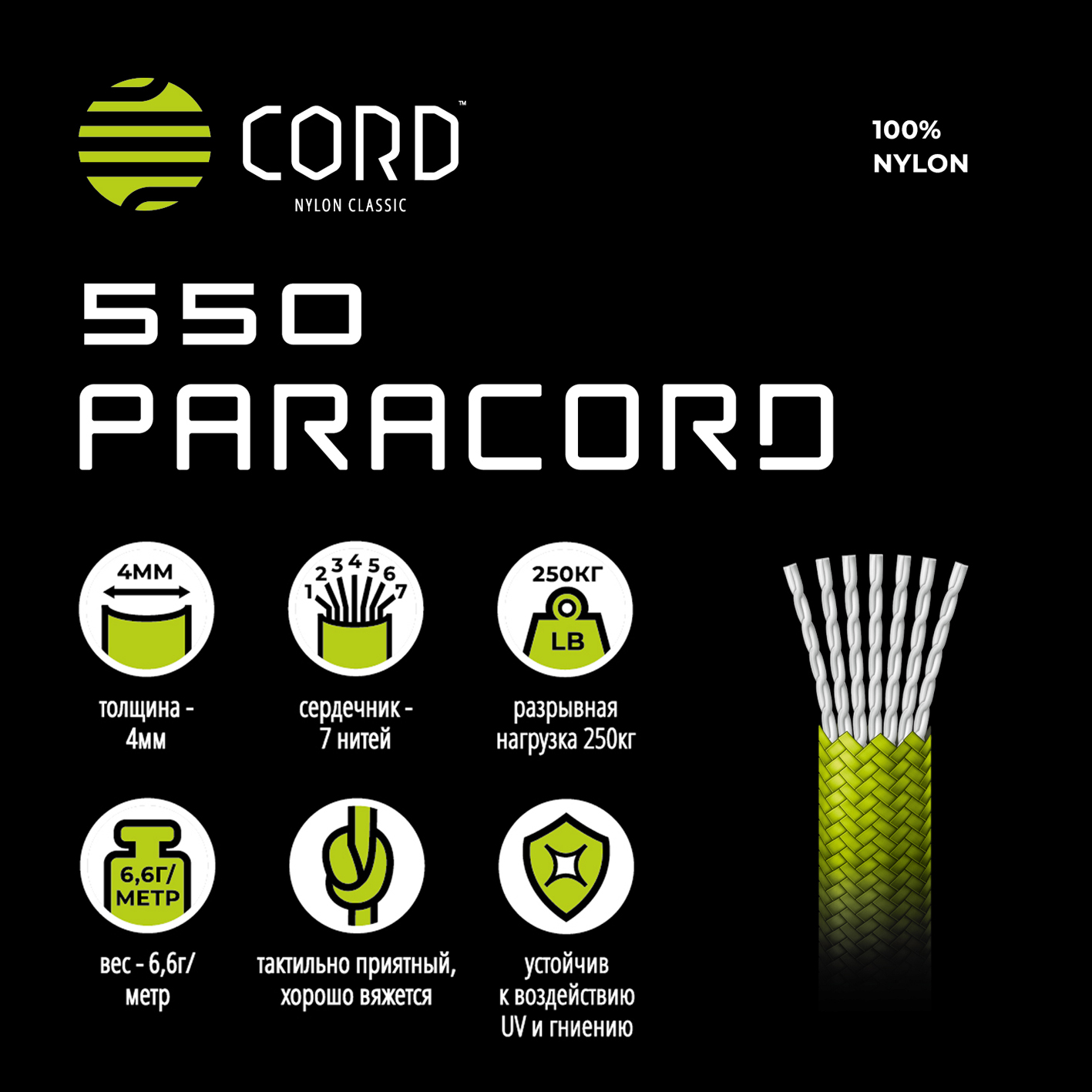 картинка Паракорд 550 CORD nylon 30м световозвращающий (black)