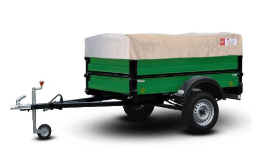 картинка Прицеп "Крепыш СВ" 821303, зеленый, надставные борта, удлинитель дышла, опорное колесо, колеса 13", тент 0,6 серый