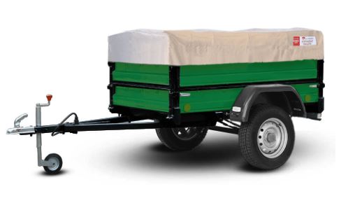картинка Прицеп "Крепыш СВ" 821303, зеленый, надставные борта, удлинитель дышла, опорное колесо, колеса 15", тент 0,6 серый