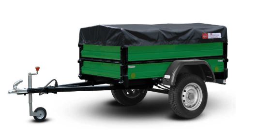 картинка Прицеп "Крепыш СВ" 821303, зеленый, надставные борта, удлинитель дышла, опорное колесо, колеса 15", тент 0,6 черный