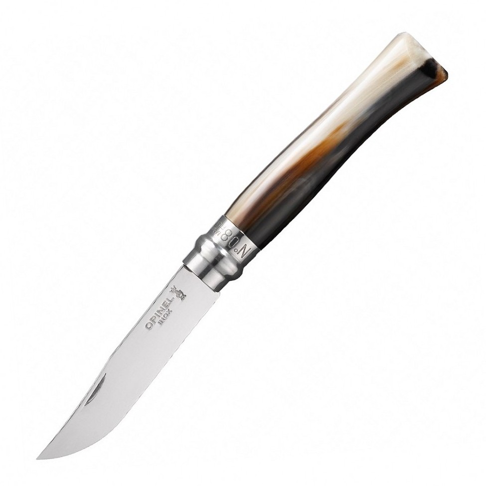картинка Нож Opinel №8, нержавеющая сталь, полированный клинок, рукоять светлый рог буйвола, дерев футляр, 000980