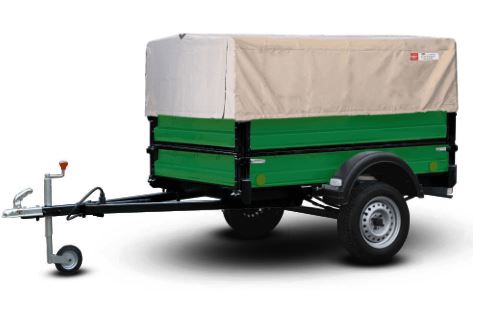 картинка Прицеп "Крепыш СВ" 821303, зеленый, надставные борта, удлинитель дышла, опорное колесо, колеса 13", тент 1,1 серый