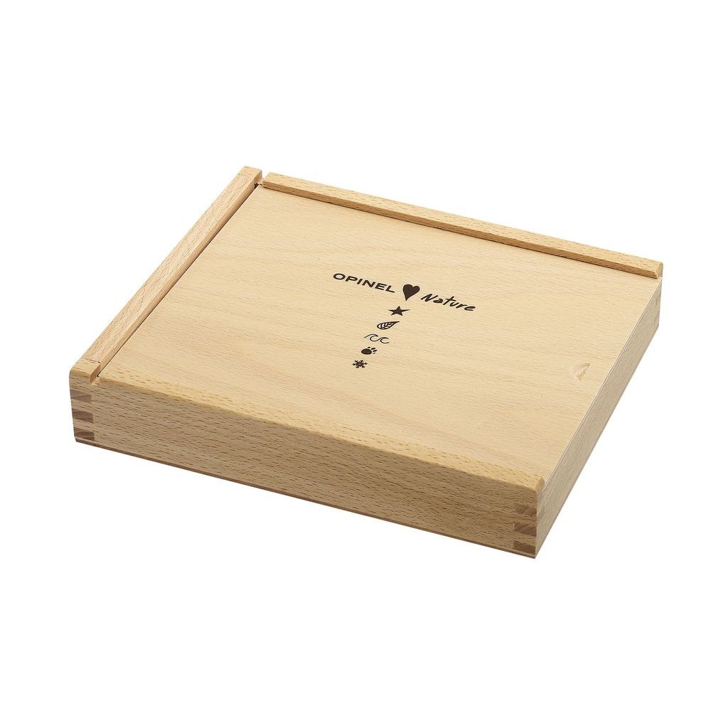 картинка Набор в деревянной коробке из 6 ножей Opinel №7 Nature, нержавеющая сталь, рукоять самшит, гравировк, 001555