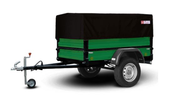 картинка Прицеп "Крепыш СВ" 821303, зеленый, надставные борта, удлинитель дышла, опорное колесо, колеса 15", тент 1,1 черный