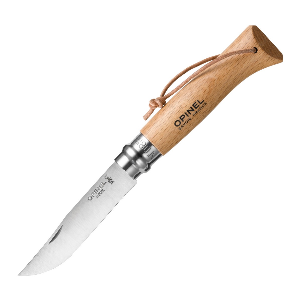 картинка Нож Opinel №8, нержавеющая сталь, рукоять из бука, с кожаным темляком, 001321