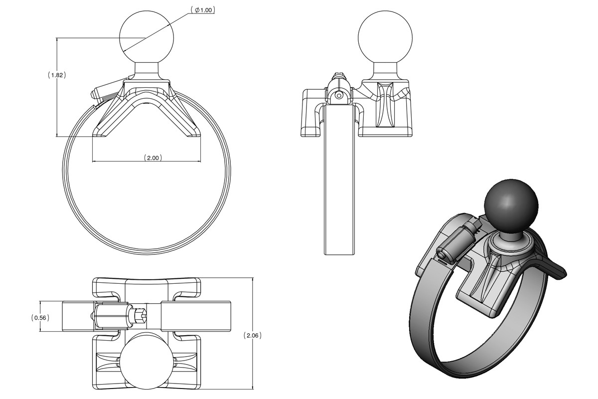 картинка  Универсальное крепление RAM®, хомут на руль или прямоугольную трубу 25-53мм(1-2,1") шар 1"