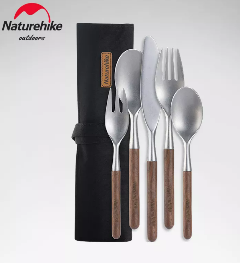 картинка Набор столовых приборов Naturehike 5 в 1 (нож, 2 вилки, 2 ложки), нержавеющая сталь, орех, в чехле